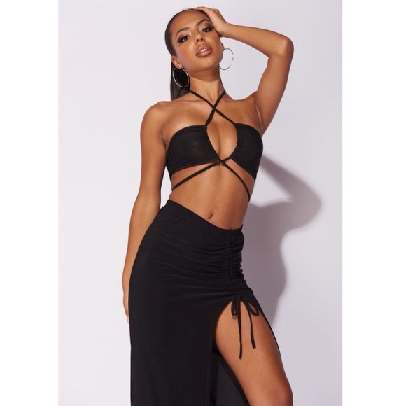Black Sleeveless Halter Neck Crop Top and High Waist Maxi Skirt Two Piece Set - Picture 3 of 14